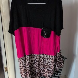 Black and Pink Colorblock Leopard Print Top